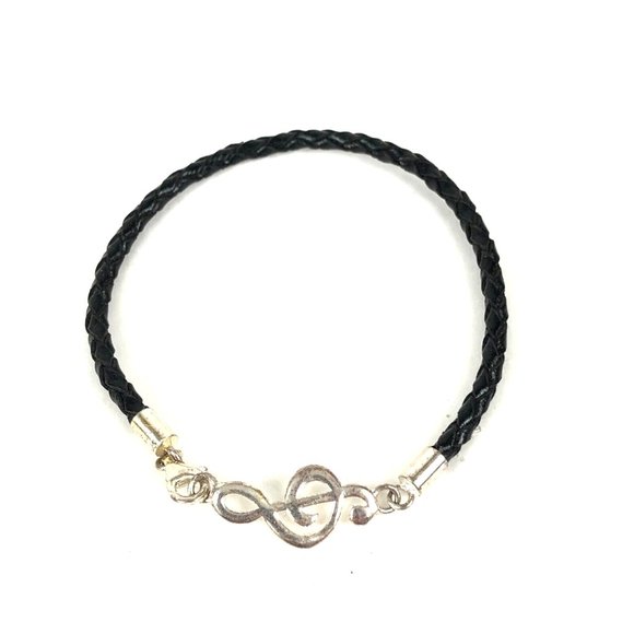Musical Cleft Note Sterling Silver 925  Braided Leather Bracelet Pre-own… - Picture 1 of 3